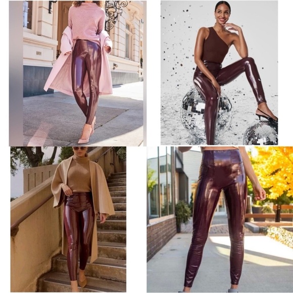 SPANX Faux Patent Leather Leggings Ruby Size M Burgundy Brown - Picture 2 of 12